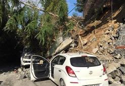 Beykoz'da istinat duvarı araçların üzerine çöktü