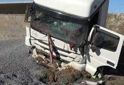 Mıcır yüklü hafriyat kamyonu tarlaya devrildi