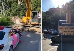 İş makinesiyle düğün konvoyunun önünü kesip bahşiş aldı