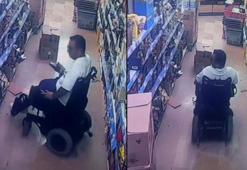 Markette şok görüntü! Akülü sandalye ile engelli gibi davranıp, hırsızlık yaptı