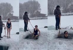 Çıldır Gölü'nün buzlu sularına giren kadın 30 saniye dayandı