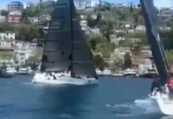 İstanbul Boğazı'nda deprem anları kamerada; yönü değişen yelkenli yan yatt