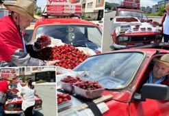Ordu'da onu yolda gören şaşıp kalıyor! Her yeri çilekle dolu emektar otomobiliyle kilometrelerce yol gidiyor