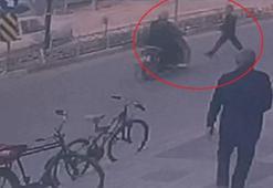 İnegöl'de motosikletin çarptığı yaya yaralandı; kaza kamerada