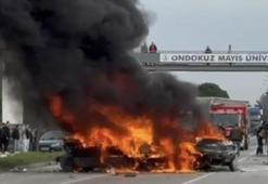 5 araçlı zincirleme kazada 3 otomobil alev alev yandı