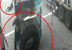 Traktör lastiği hava basıldığı sırada patladı, 2 işçinin yaralandığı o anlar kamerada
