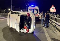 İki otomobilin çarpıştığı kazada otomobillerden biri yan yattı