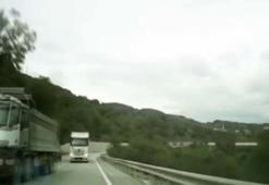 Şerit ihlali yapan silobas karşı yönden gelen otomobile çarpmaktan son anda kurtuldu