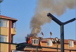 Sancaktepe'de 4 katlı binanın çatısı alev alev yandı