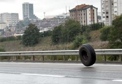 Başakşehir'de otoyolda kopan TIR lastiği tehlike yarattı