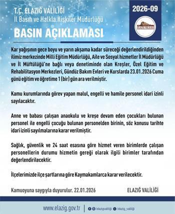 Elazığ’da bazı kurumlarda eğitime 1 gün ara