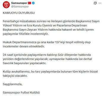 Samsunspor, hakaret ve tehdit paylaşımları için 137 kişi hakkında hukuki işlem başlatacak