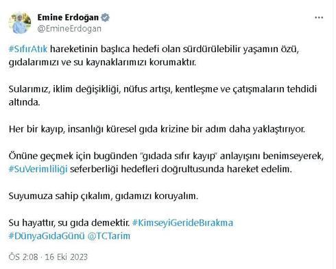 Emine Erdoğandan Dünya Gıda Günü mesajı