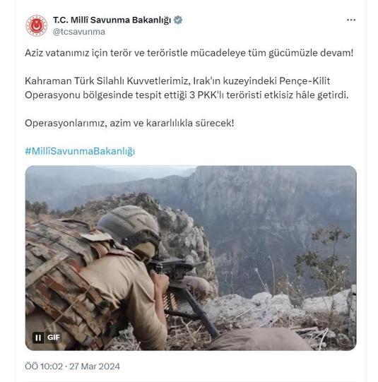 Milli Savunma Bakanlığı: 3 PKKlı terörist etkisiz hale getirildi