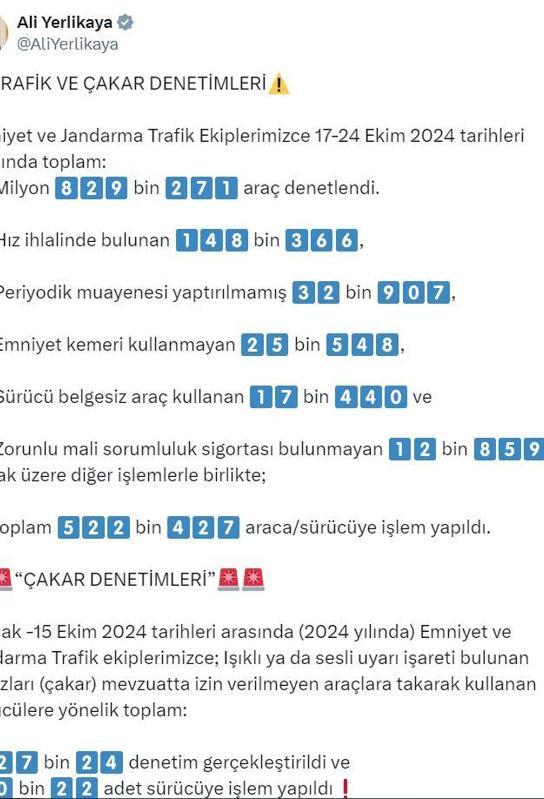 Türkiye genelinde 2 milyon 829 bin araçta denetim; 522 bin sürücüye ceza