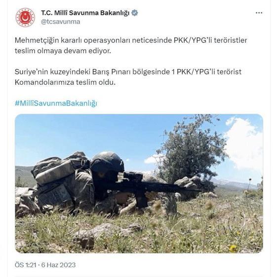 MSB: Barış Pınarı bölgesinde 1 terörist teslim oldu