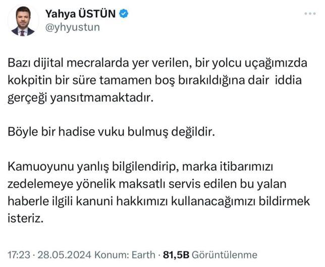 THYde uçağın kokpitinin bir süre boş kaldığı iddiası gündeme oturdu