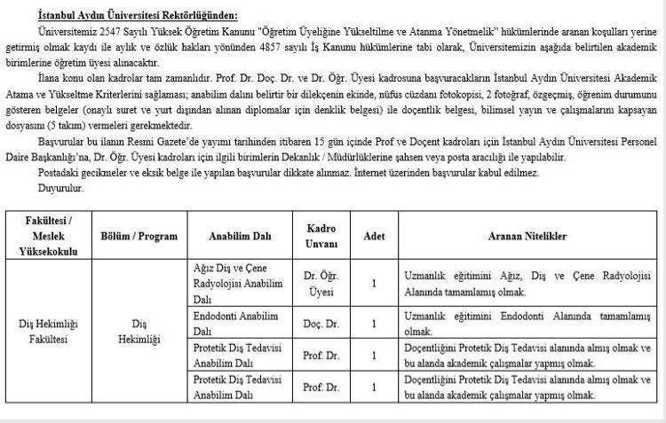 İstanbul Aydın Üniversitesi, birçok fakültesi için öğretim üyesi alımı yapacak
