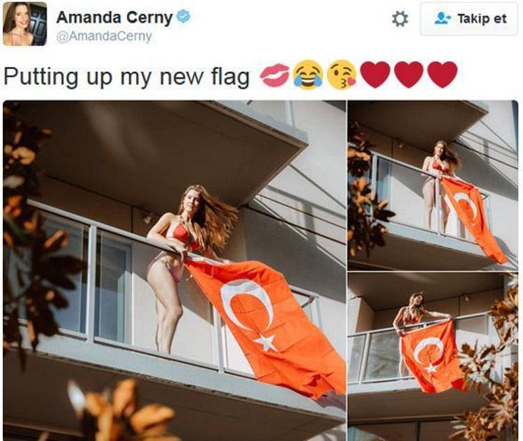 Resmi twitter hesabından balkonuna Türk Bayrağı asarken çekilmiş fotoğraflarını paylaşan Amanda Cerny, bu paylaşımına “Yeni bayrağımı asıyorum” notunu düşmüş.