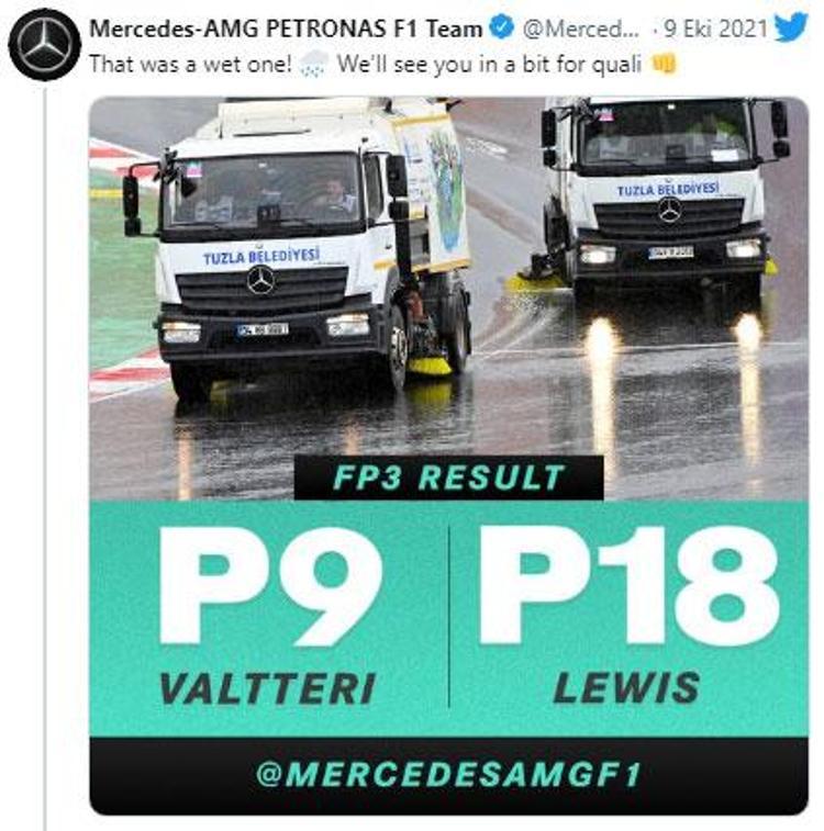 Mercedes, kendi pilotlarının antrenman sonuçlarını belediye araçlarının fotoğrafıyla açıkladı. Tuzla Belediyesi ise kendi şoförlerinin isimleriyle bir paylaşım yaparak karşılık verdi.