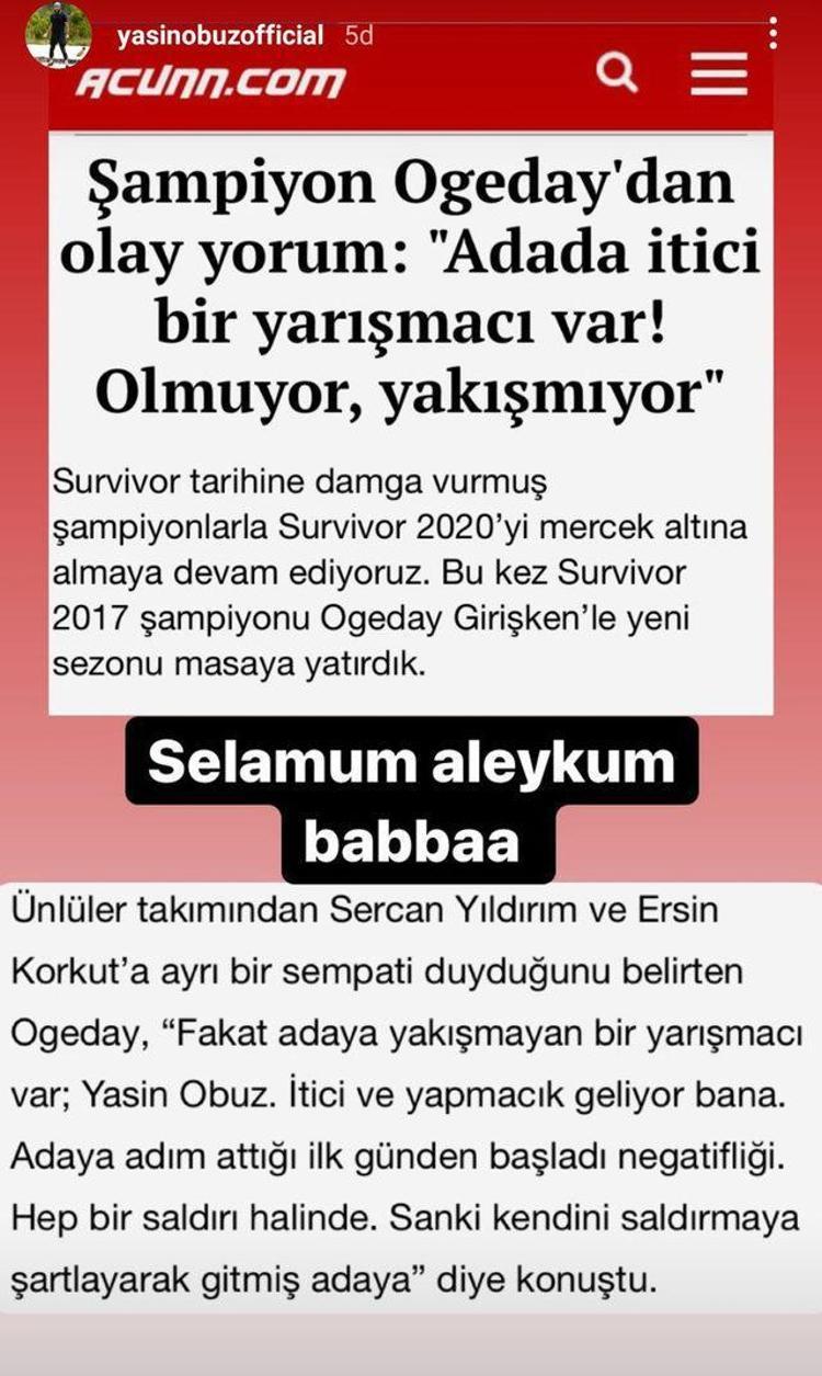 Survivor All Star yarışmacısı Yasin Obuz, takım arkadaşı Ogeday Girişkene meydan okudu