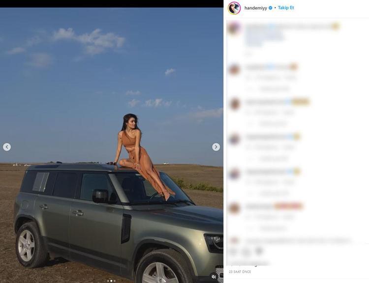 Hande Erçel aracın üzerine çıkıp poz verdi Derin yırtmaçlı kareler Instagramı salladı