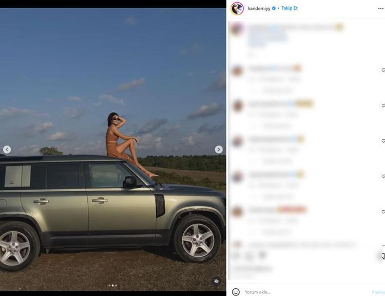 Hande Erçel aracın üzerine çıkıp poz verdi Derin yırtmaçlı kareler Instagramı salladı