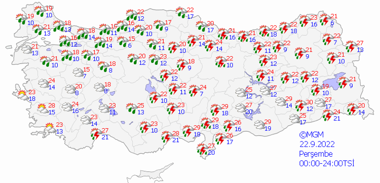 22 Eylül Perşembe hava durumu
