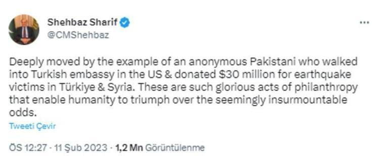 PAKİSTAN: 30 MİLYON DOLAR BAĞIŞLADI