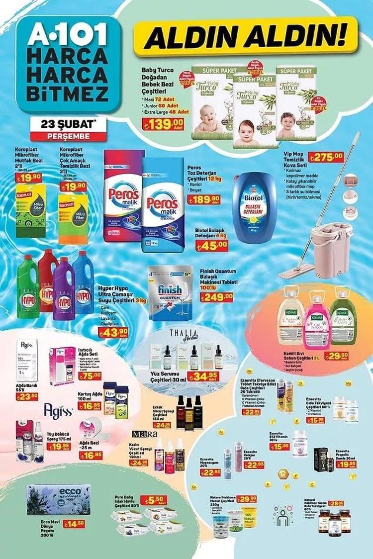 A101 25 Şubat katalog 2023 yayınlandı İndirimli ürünler listesi... 8li tuvalet kağıdı 45 TL, 830 Gr Salça 36 TL