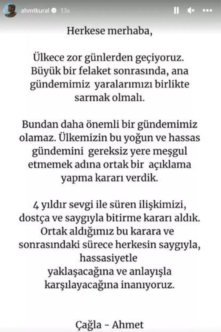Ahmet Kural ile Çağla Gizem Çelik ayrıldı Bu paylaşımla duyurdular