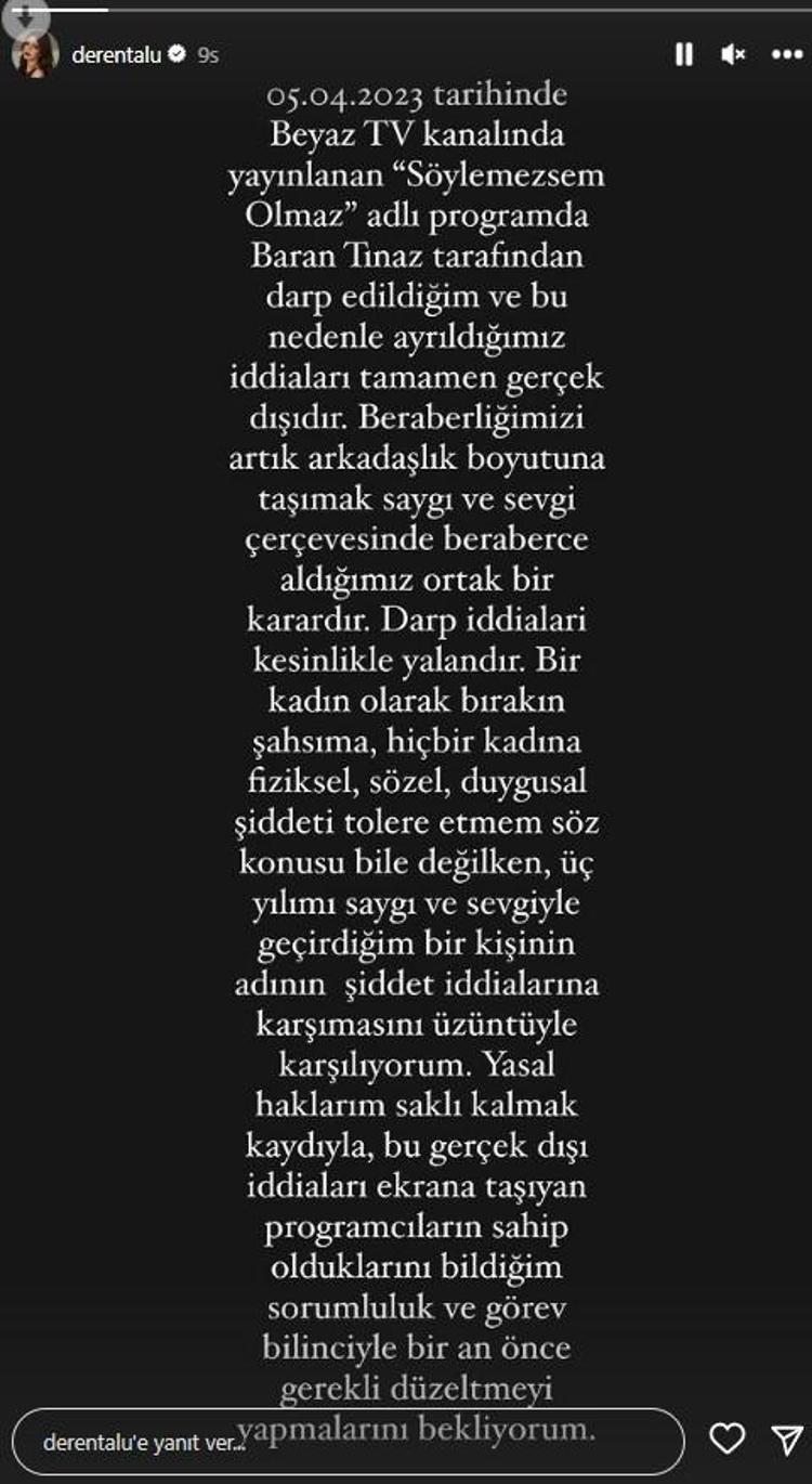 Deren Talu sevgilisi Baran Tınaz’dan şiddet gördüğü iddialarına yanıt verdi