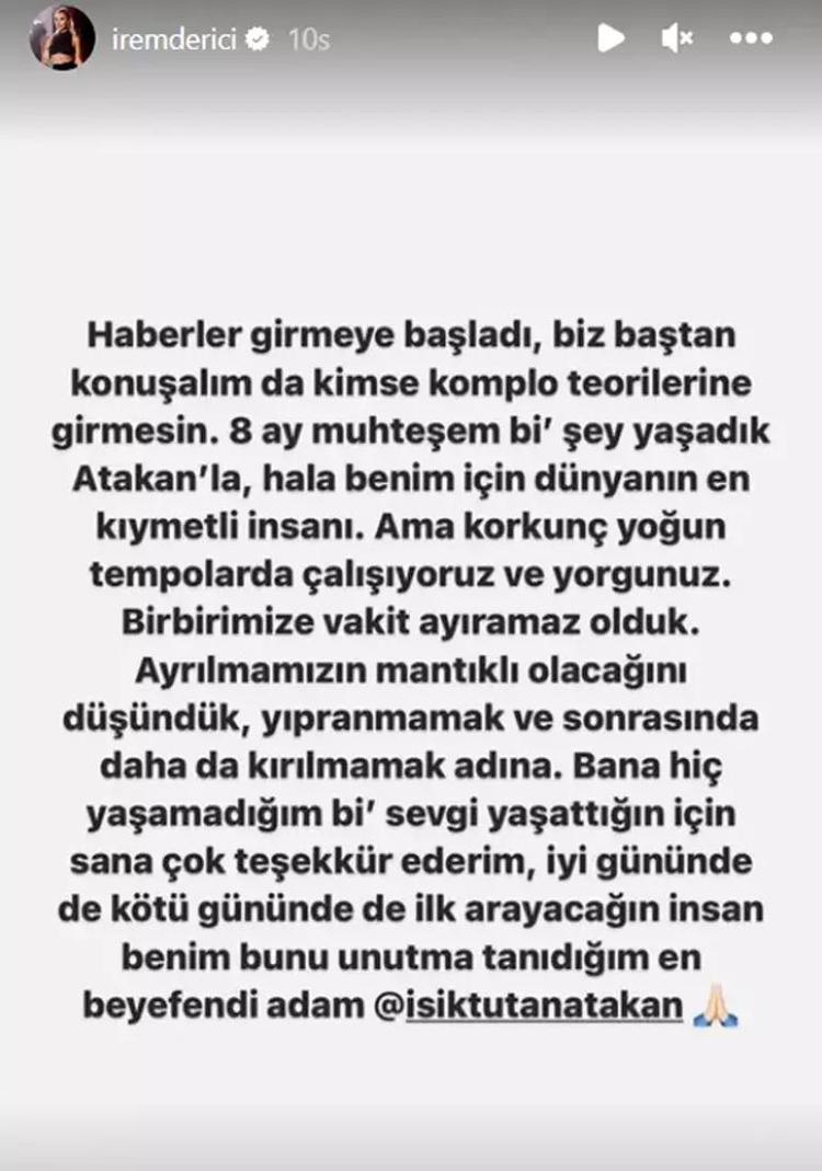 İrem Dericiden Atakan Işıktutan açıklaması Neden ayrılık kararı aldıklarını anlattı