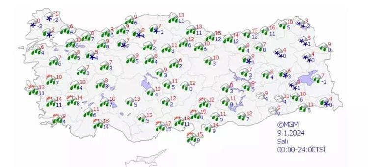 Salı günü için beklenen hava durumu haritası...