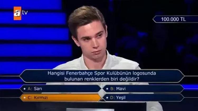 Fenerbahçenin renklerini yanlış bildi 100 bin liralık soruda elendi