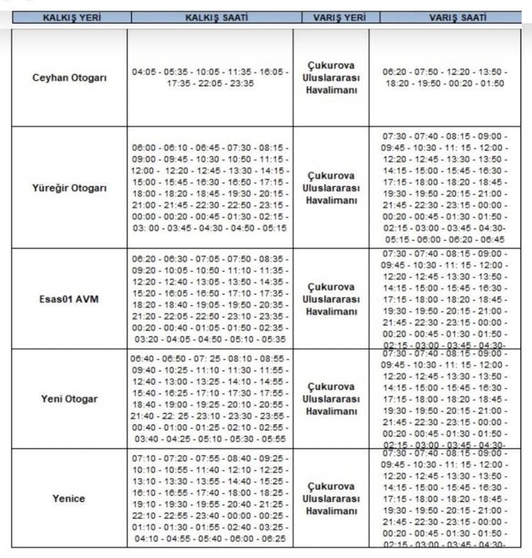 Çukurova Havalimanı servis saatleri ve fiyatları Çukurova Havalimanı servisleri nereden, saat kaçta kalkıyor