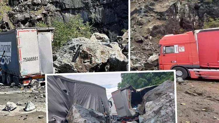 Dev kayalar yamaçtan koptu, TIRlar hurdaya döndü