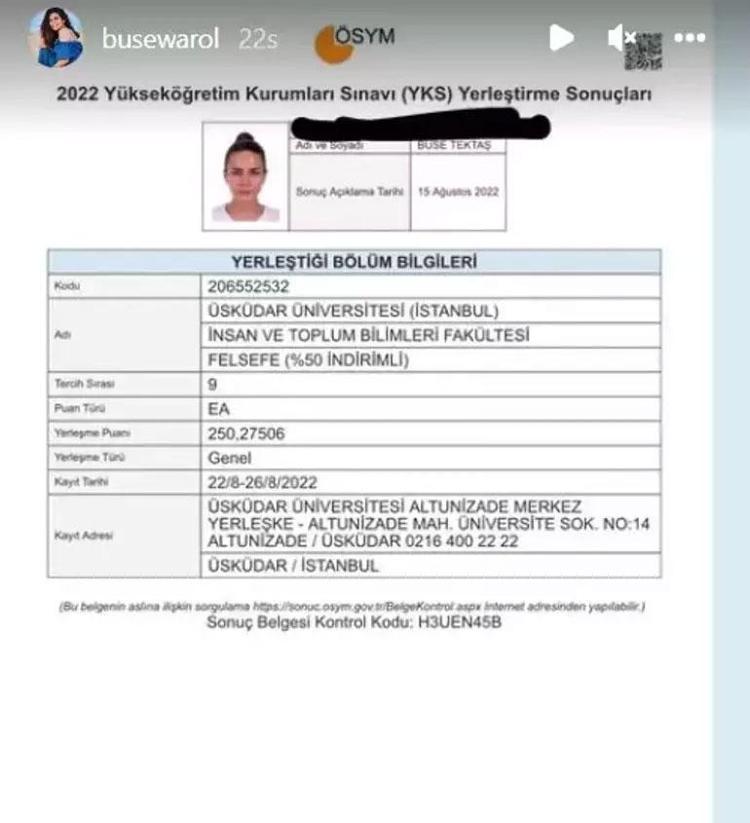 BUSE VAROL ÜNİVERSİTELİ OLDU