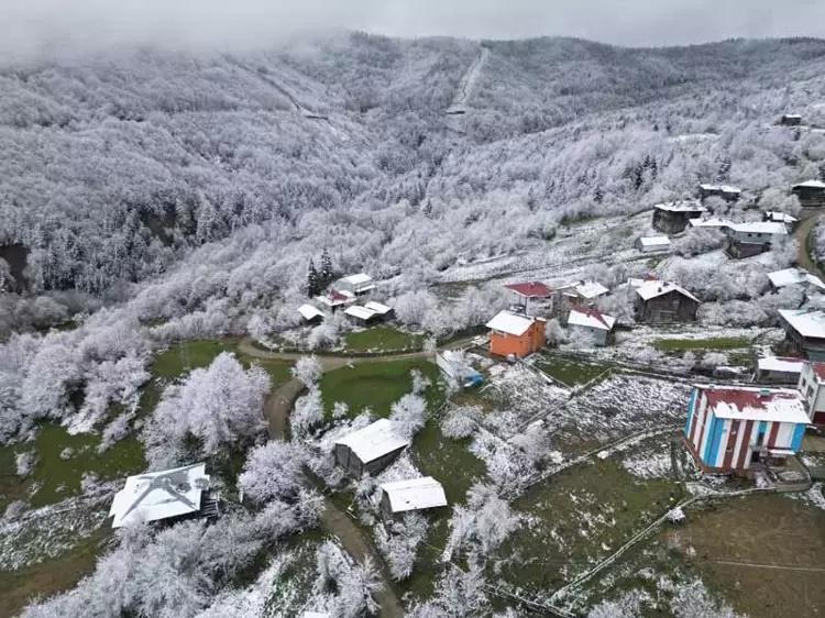 Yemyeşil doğa beyaz örtüyle bütünleşti Bir şehir aynı anda iki mevsimi yaşıyor