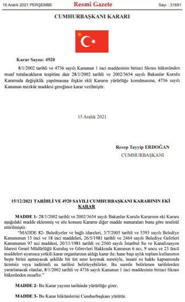 Flaş su kararı, ücretsiz ve indirimli Cumhurbaşkanı Erdoğan imzaladı...