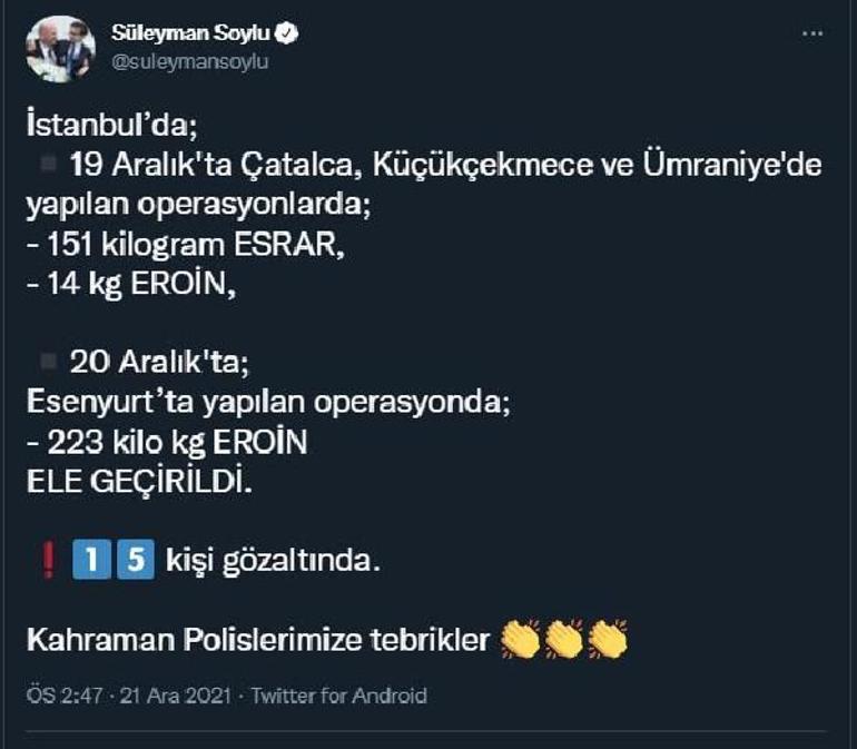 Bakan Soylu: İstanbulda 388 kilogram uyuşturucu ele geçirildi