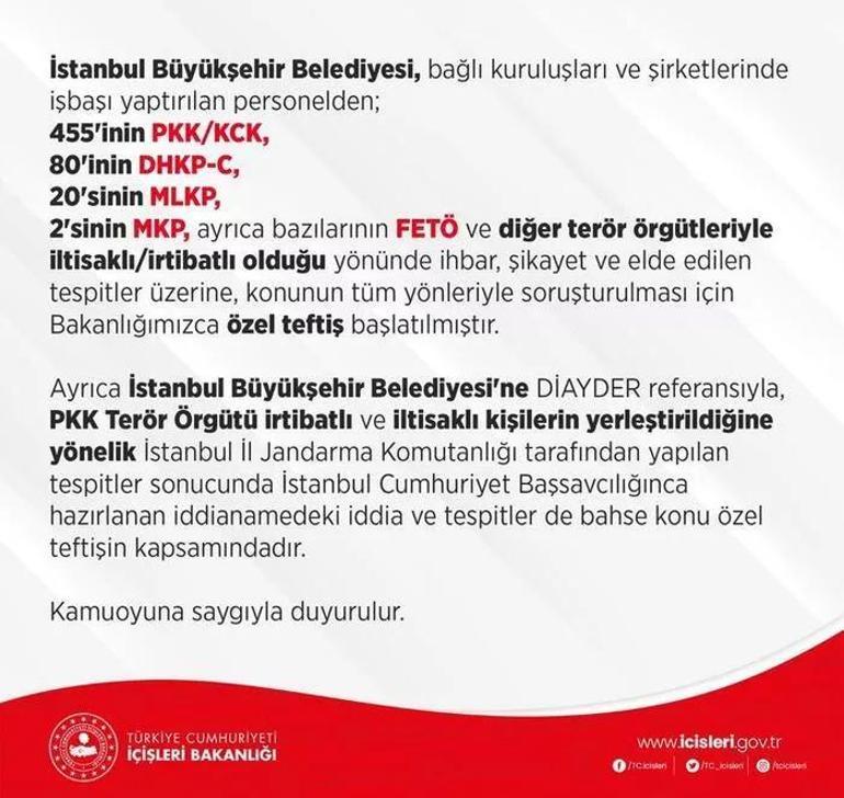 İçişleri Bakanlığından İBBde işe alınanlarla ilgili açıklama: Özel teftiş başlatıldı