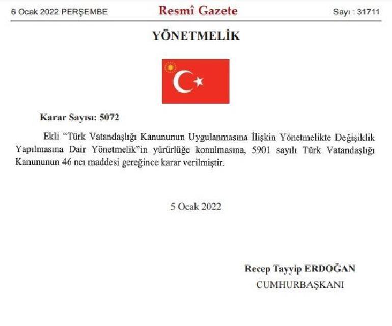 Türk vatandaşlığına kabul şartlarında yapılan değişiklik Resmi Gazetede yayımlandı