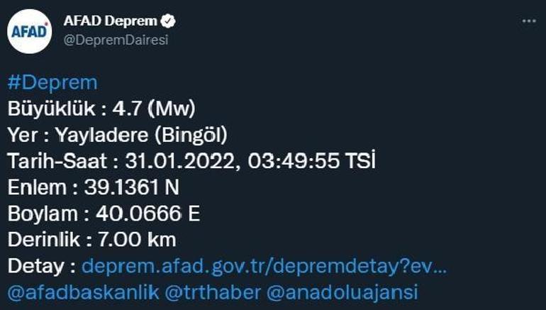 Bingölde 4.7 büyüklüğünde deprem