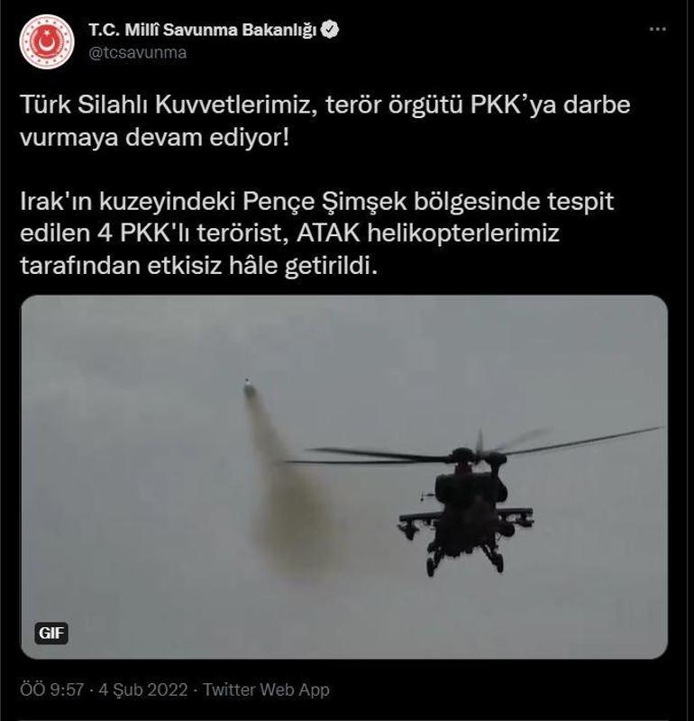 4 PKKlı terörist ATAK helikopterleri tarafından etkisiz hale getirildi