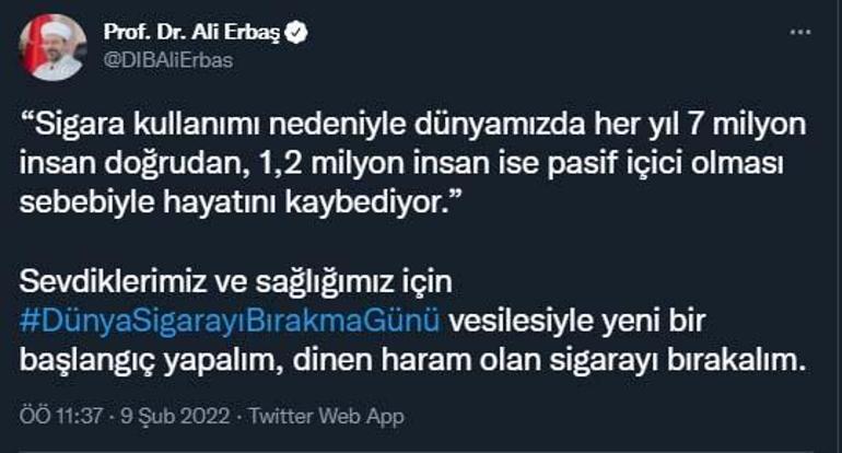 Diyanet İşleri Başkanı Erbaştan sigarayı bırakma çağrısı