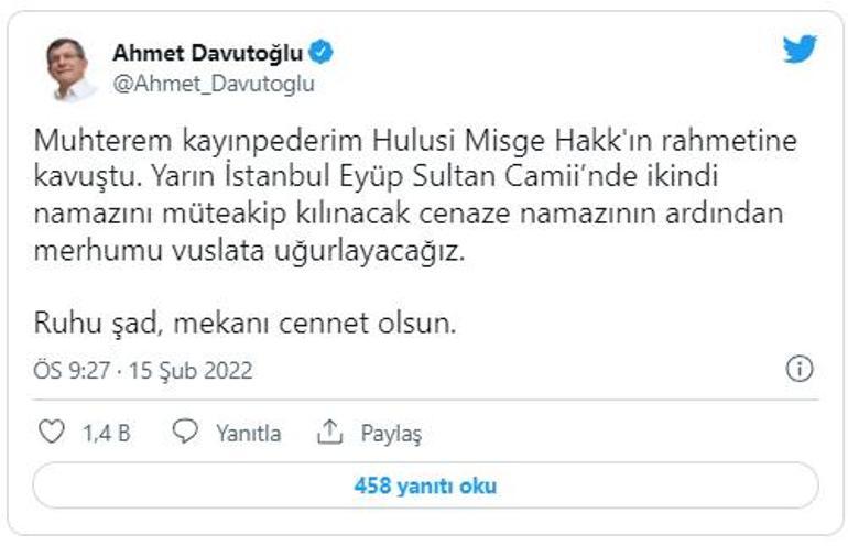 Ahmet Davutoğlunun acı günü Kayınpederi hayatını kaybetti