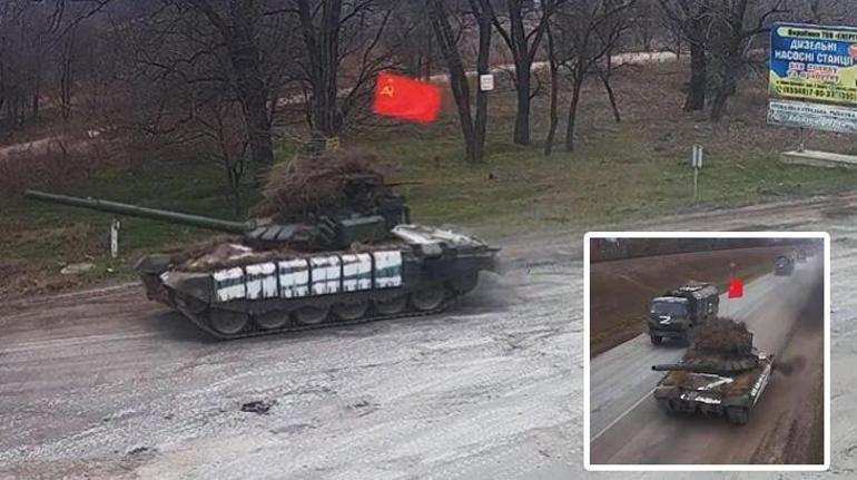 Rus tankları yola çıktı Flaş bayrak detayı