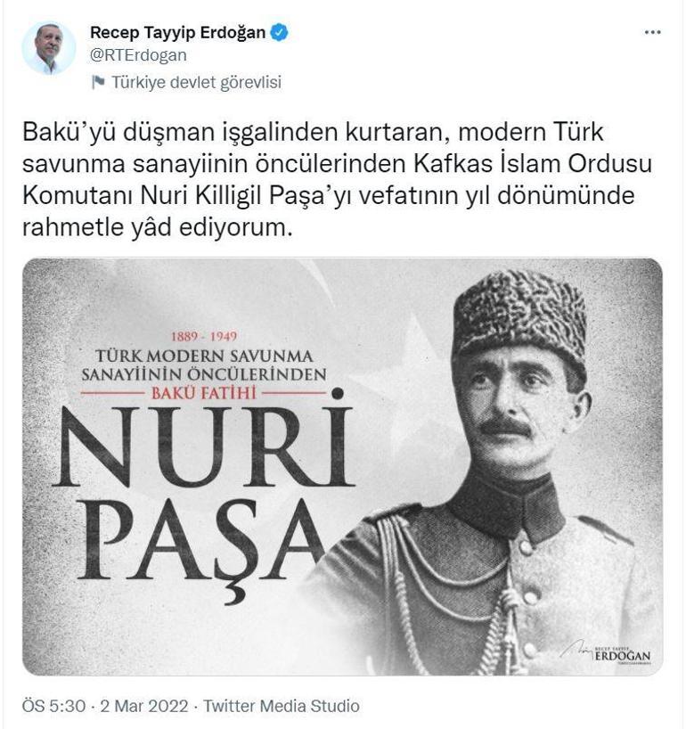 Cumhurbaşkanı Erdoğan, Nuri Killigil Paşayı andı