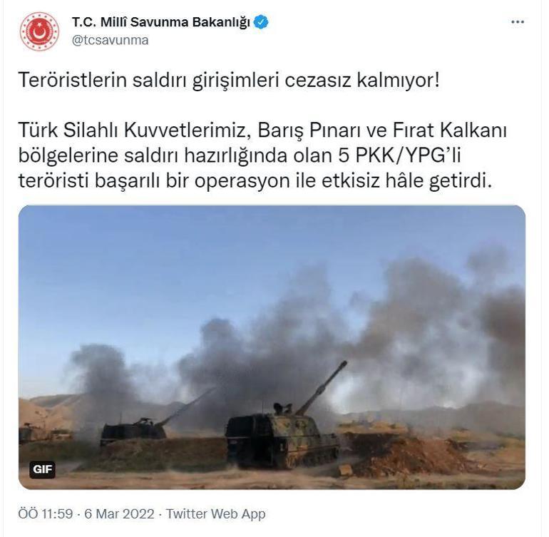 Barış Pınarı ve Fırat Kalkanında beş terörist öldürüldü MSB duyurdu